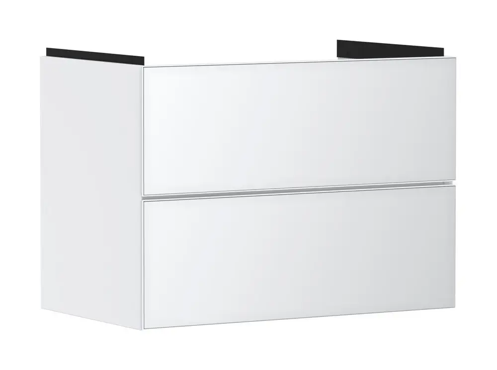 Weißer Waschtischunterschrank mit zwei Schubkästen, geeignet für einen Waschtisch. Hergestellt von Hansgrohe. Klarlinige Oberfläche ohne sichtbare Griffe.